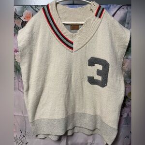 POL Cream V-Neck Sweater Vest with Green and Red Stripe